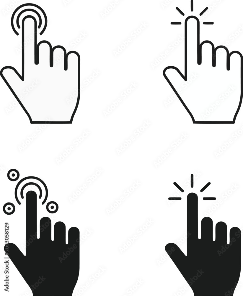 Fototapeta premium Four hand cursor icons one outlined with circles another outlined with rays solid black with circles solid black