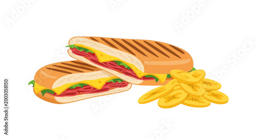 Delicious Cuban sandwich with plantain chips, a popular Latin American street food