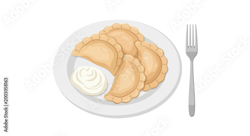 Plate of delicious pierogi with sour cream and a fork, traditional Polish dumplings