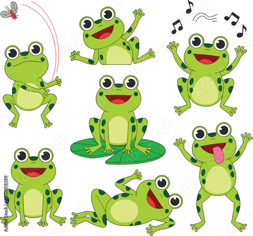 Funny frog cartoon characters vector set, playful amphibians jumping singing poses, cute green animal illustration collection for children