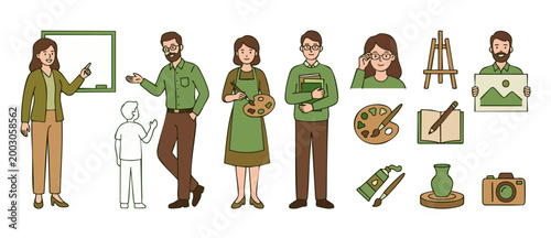 Art Teacher Characters Set with Education Tools and School Supplies, Illustration of Creative Instructors and Students in Classroom Environment, Flat Vector Style Design for E-learning or School Proje