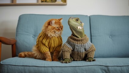 A fluffy cat and a dinosaur figure dressed in knitted sweaters sitting together on a cozy couch