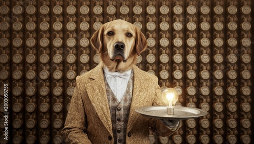A dog dressed in a formal suit holds a silver tray with a glowing light, set against a vintage patterned background