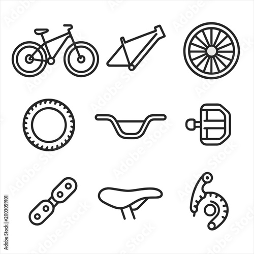 Bicycle parts icons on gray background: minimalist design for cycling enthusiasts
