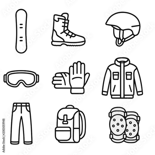 Essential winter sports gear icons for skiing and snowboarding