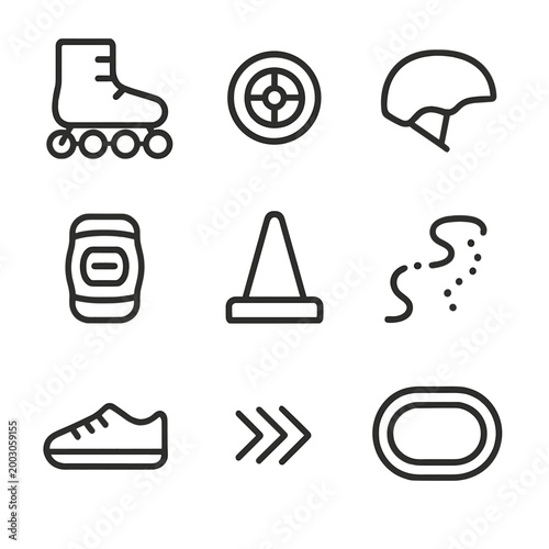 Roller skating equipment icons: helmet, skates, and safety gear