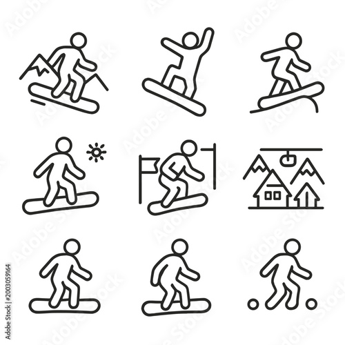 Minimalist winter sports icons featuring snowboarding activities
