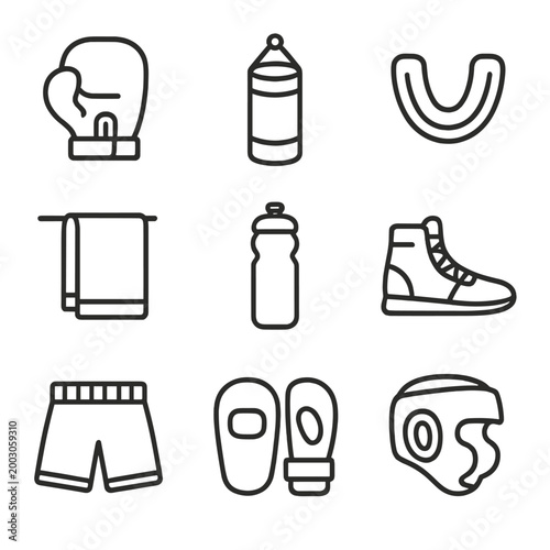 Outline icons of boxing equipment on gray background