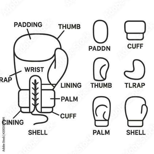 Detailed boxing glove diagram showing parts and labels for education