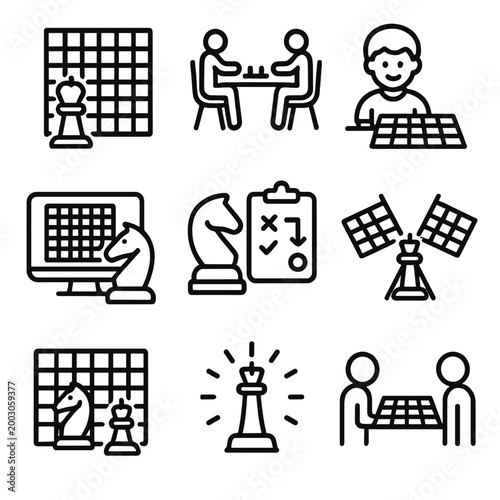 Chess strategy icons showcasing game setup, pieces, and player interactions