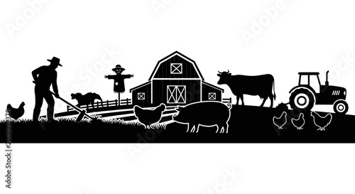 Farm life silhouette a black and white illustration of rural agriculture and livestock
