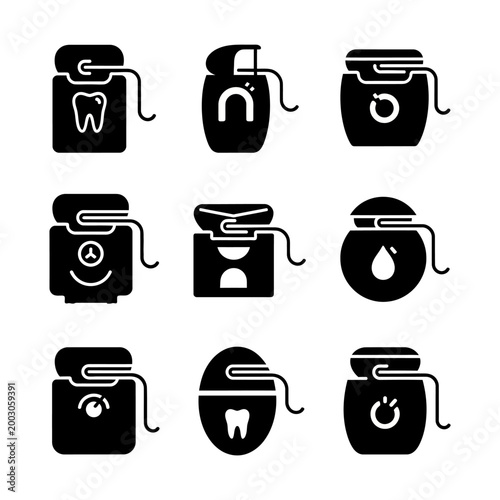 Dental Floss Icons Set: Oral Hygiene, Dental Care, and Healthy Teeth Symbols