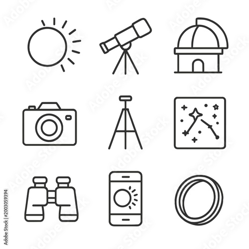 Astronomy icons set featuring telescope, camera, and binoculars