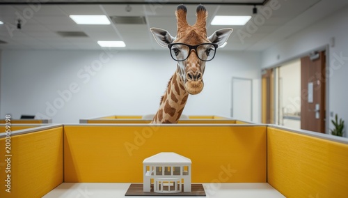 A giraffe wearing glasses stands in an office environment, peering over cubicle walls with a miniature building model in view