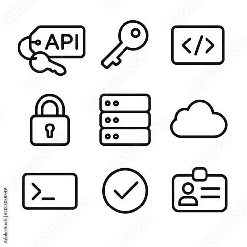 Tech icons: api, security, cloud, server, key, code, lock, terminal, check, id
