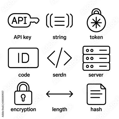 Cybersecurity icons: api token, encryption, server, code, hash, key, and more