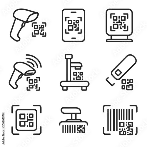 Qr code technology icons featuring scanners and digital devices