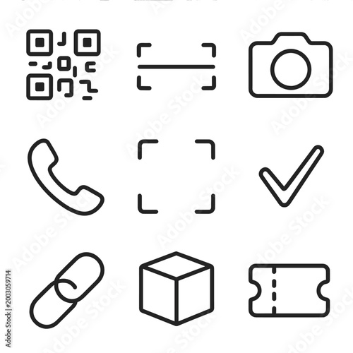 Minimalist icon set for qr, camera, phone, scan, and ticket functions