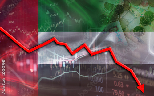 United Arab Emirates financial fall on economy market. Emirati financial crisis on economic graph