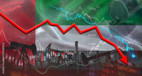 Quadro em tela Fall oil price with Emirati flag on economic chart