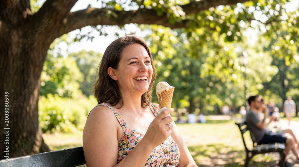 Fototapeta premium Woman sitting on a park bench enjoying ice cream on a sunny day with trees in the background