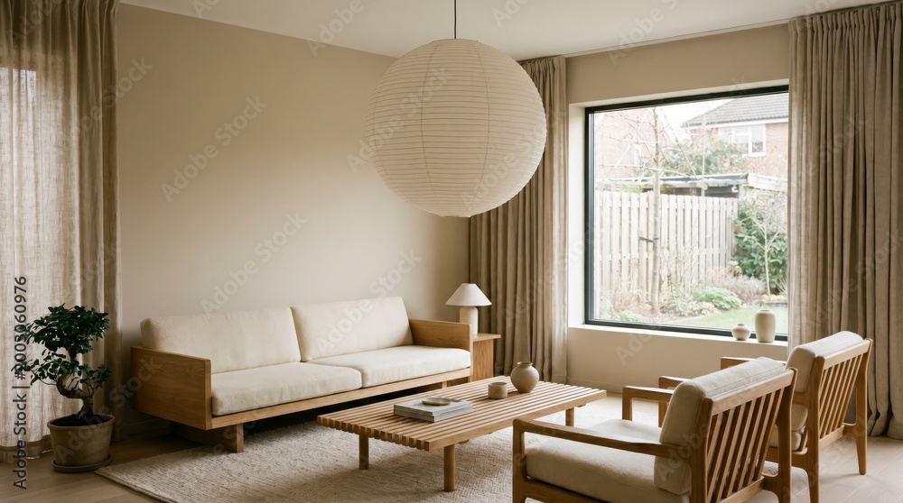Fototapeta premium Cozy Japandi living room with natural light and minimalist furniture