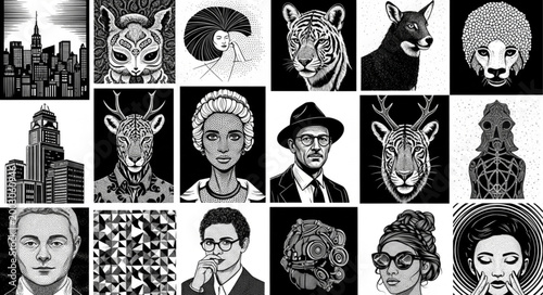 black and white vector illustration of a group of people