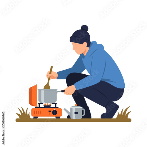 Cooking a meal on a camp stove Vector