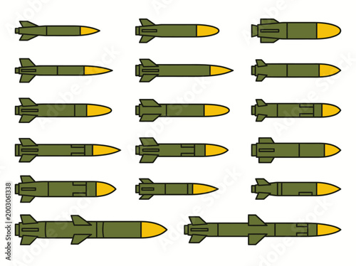 A clean flat vector illustration of a set of military rockets and missiles in different shapes and sizes