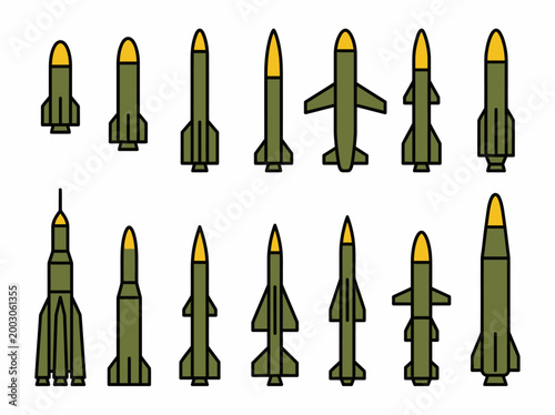 A clean flat vector illustration of a set of military rockets and missiles in different shapes and sizes
