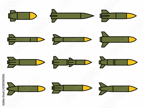 A clean flat vector illustration of a set of military rockets and missiles in different shapes and sizes