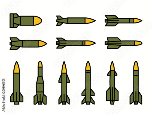 A clean flat vector illustration of a set of military rockets and missiles in different shapes and sizes
