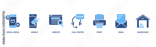 Omni channel banner web icon vector illustration concept with icon of social media, mobile, website, call center, print, email, and warehouse