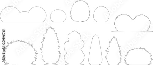 Minimalist shrub outline icons set, architectural bush line drawings for landscape design, collection of 11 garden plant silhouettes in vector format