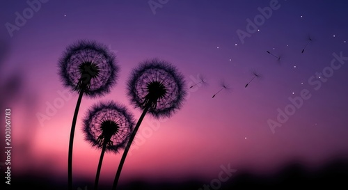Dandelions stand tall against a serene twilight sky with stars