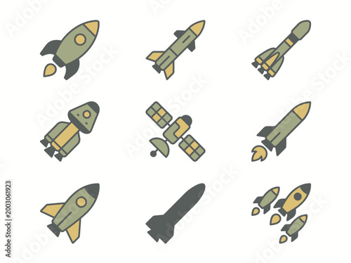 A clean flat vector illustration of a set of military rockets and missiles in different shapes and sizes