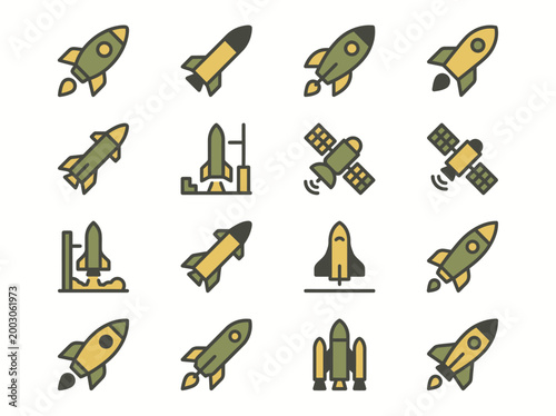 A clean flat vector illustration of a set of military rockets and missiles in different shapes and sizes