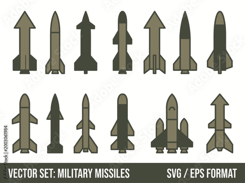 A clean flat vector illustration of a set of military rockets and missiles in different shapes and sizes