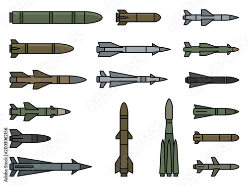 A clean flat vector illustration of a set of military rockets and missiles in different shapes and sizes