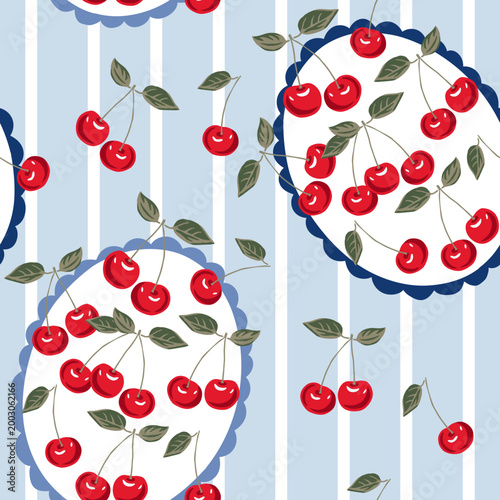 Cherries, oval plates, blue and white striped background. Vector illustration. Seamless pattern. Summer trendy design. Fruit garden