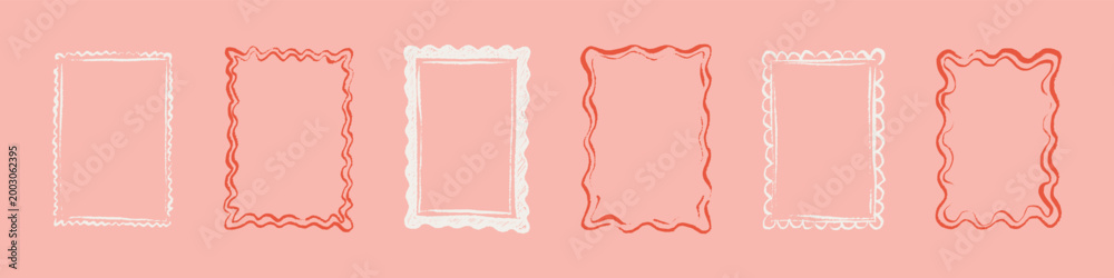 Naklejka premium Pink scallop wavy crayon frames for Valentines Day greeting cards, romantic restaurant menu, girly birthday designs, bachelorette party, wedding invitation. Whimsical coquette hand drawn doodle border