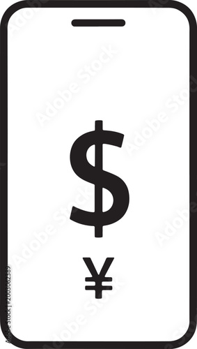 A black and white illustration of a smartphone screen with a dollar and yen symbol