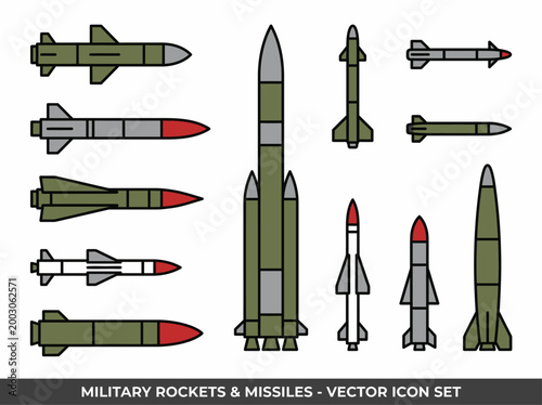 A clean flat vector illustration of a set of military rockets and missiles in different shapes and sizes