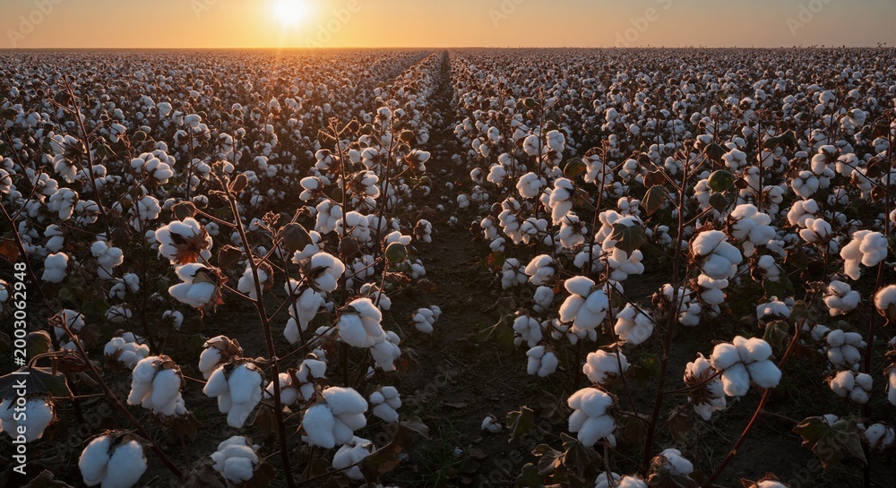 Fototapeta premium Cotton field at sunset with ripe white bolls. Vast agricultural landscape during golden hour. Harvest season in rural plantation