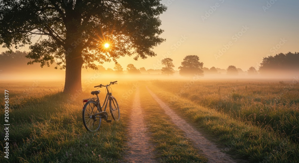 Fototapeta premium Bicycle parked by tree in misty field at sunrise. Golden hour light over rural landscape with dirt path.