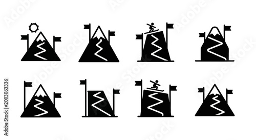 Mountain Peak Achievement Icons: Success, Goals, Sports, and Adventure