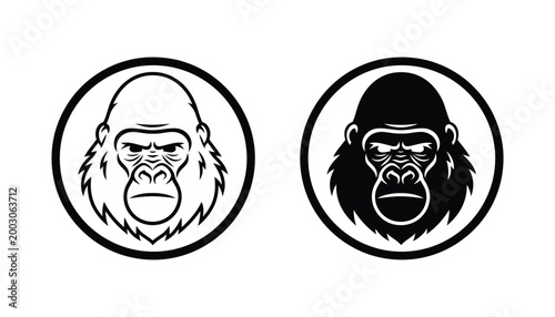 Intense gorilla face with furrowed brow and determined expression in circular outline and solid black silhouette vector illustration