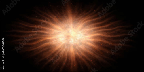 An abstract orange fire explosion and glowing sun light burst with bright energy rays against a black space background design