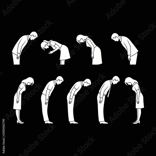 Japanese Business People Bowing Respectfully in Greeting and Apology