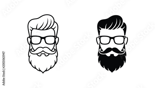 Stylish hipster man face vector icon illustration with a full beard mustache and modern eyeglasses